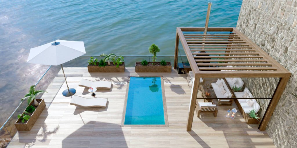 Luxury,Contemporary,Outdoor,Wooden,Patio,With,Swimming.Mediterranean.Ideal.WellnessTravel